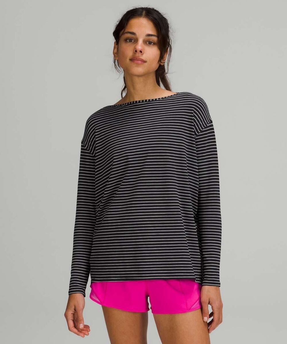 Lululemon Back in Action Long Sleeve Shirt Parallel Stripe Black White Size 6